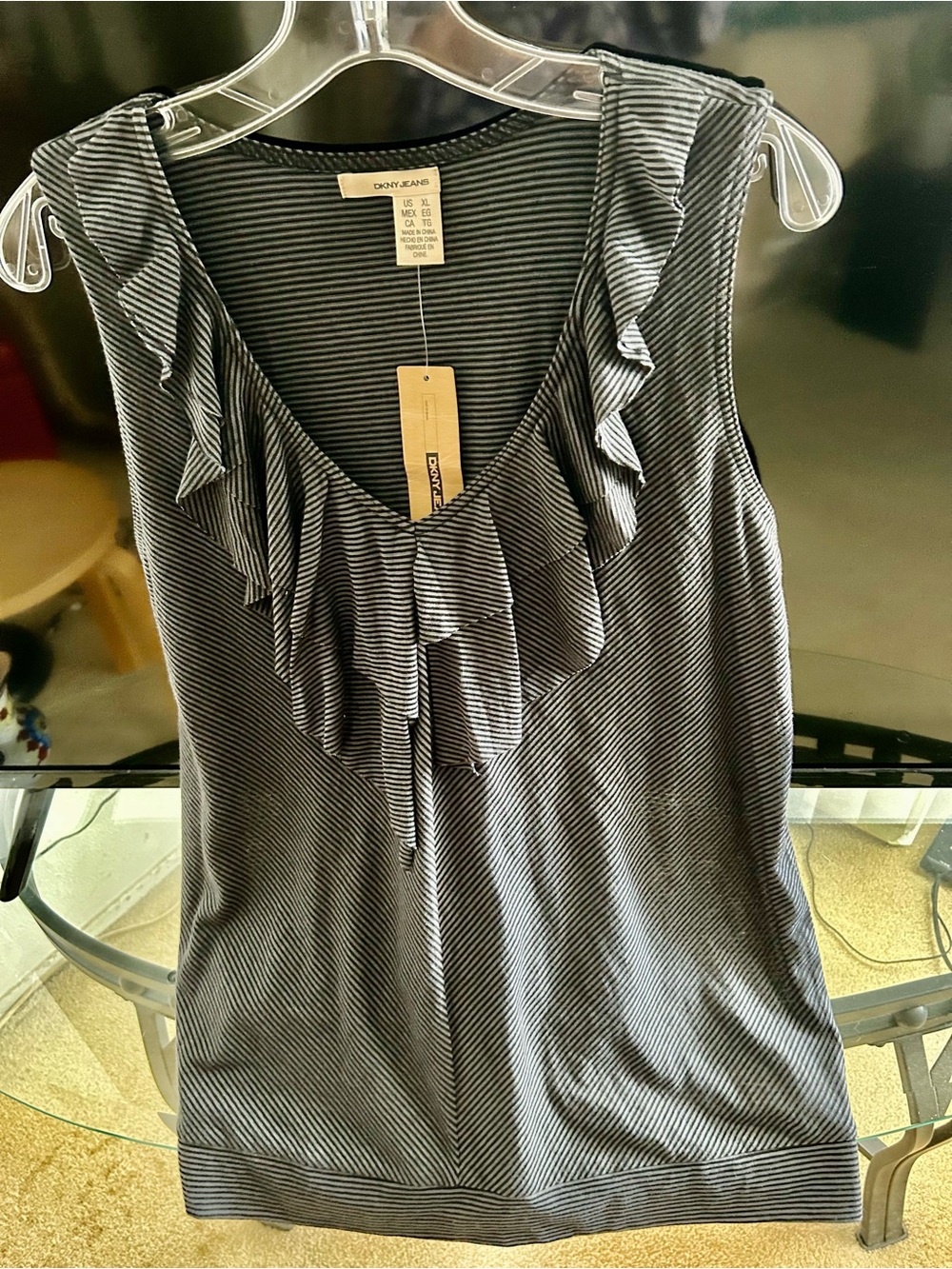 Dkny Black and White Striped Ruffle Neck Camisole